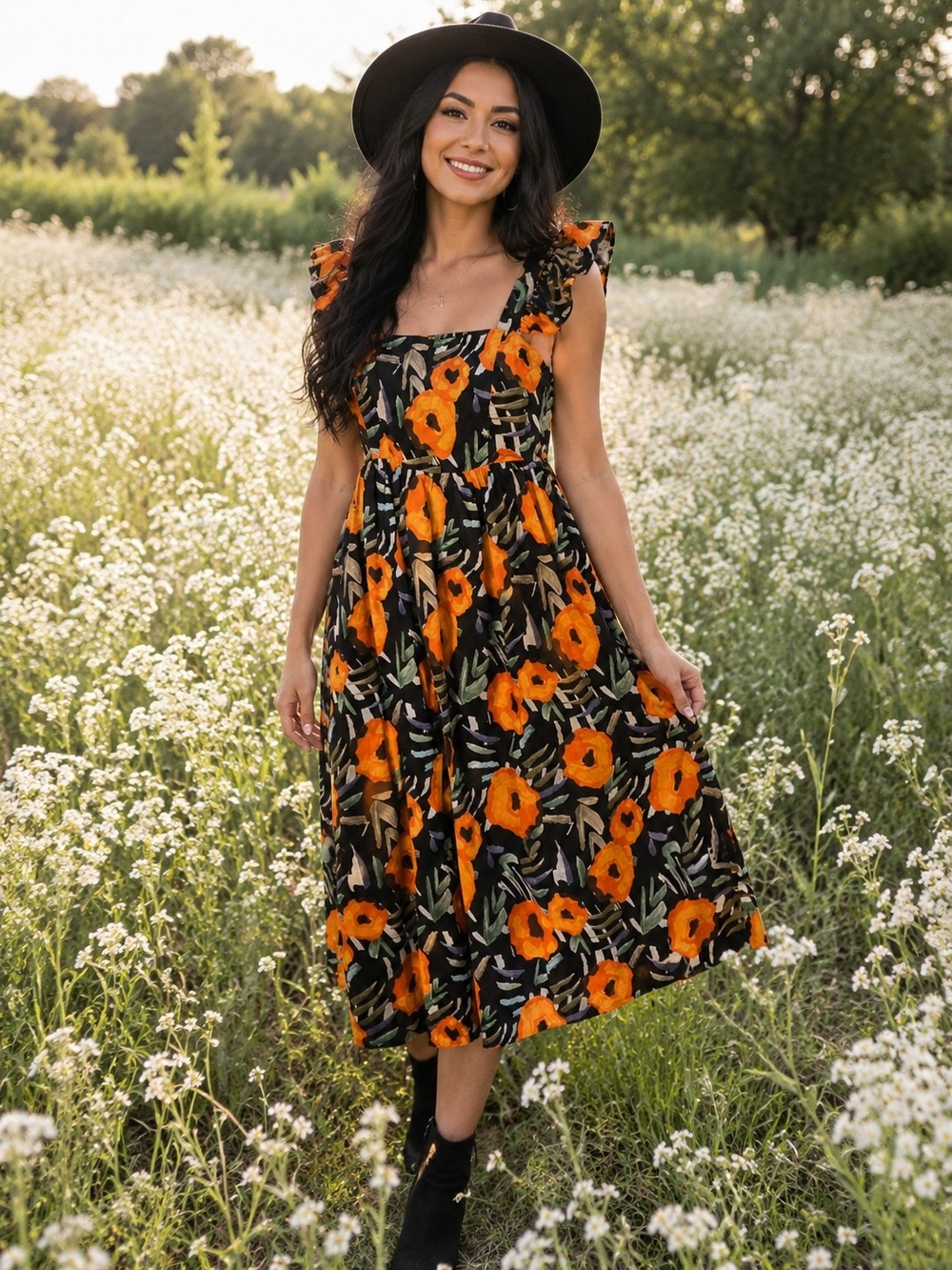 easel Black Maxi Dress with Orange Floral Print